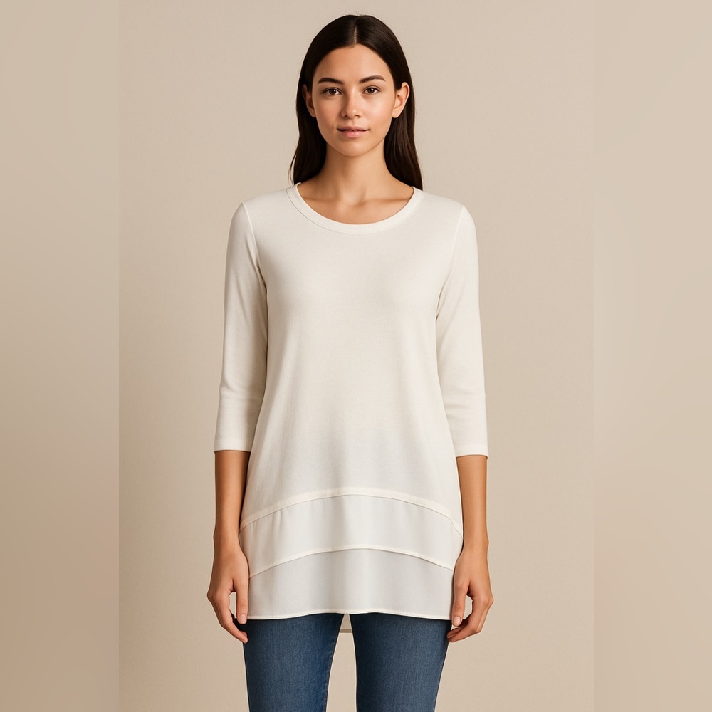 Patchington White Double-Layer Knit Top | 3/4 Sle… - image 1